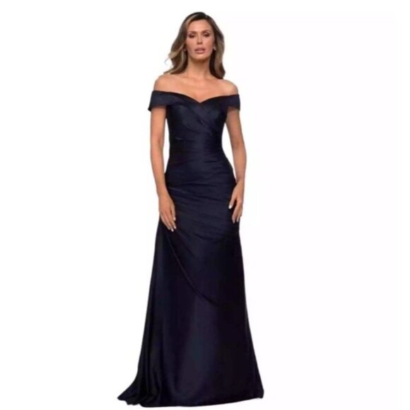 La Femme Women’s Size 18 Navy Blue Off Shoulder Satin Formal Evening Gown Dress - Picture 3 of 12